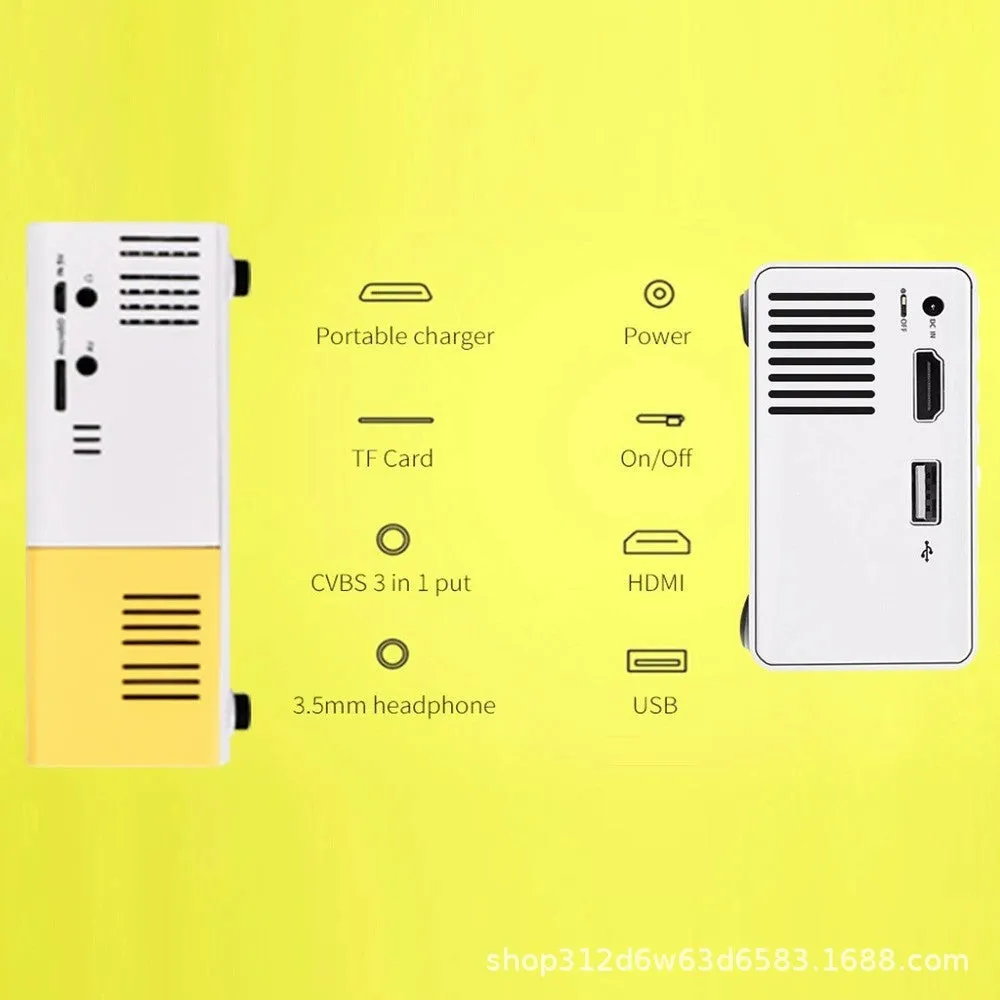 YG300 mini portable projector in yellow with 1080p resolution and 100ANSI brightness for home use