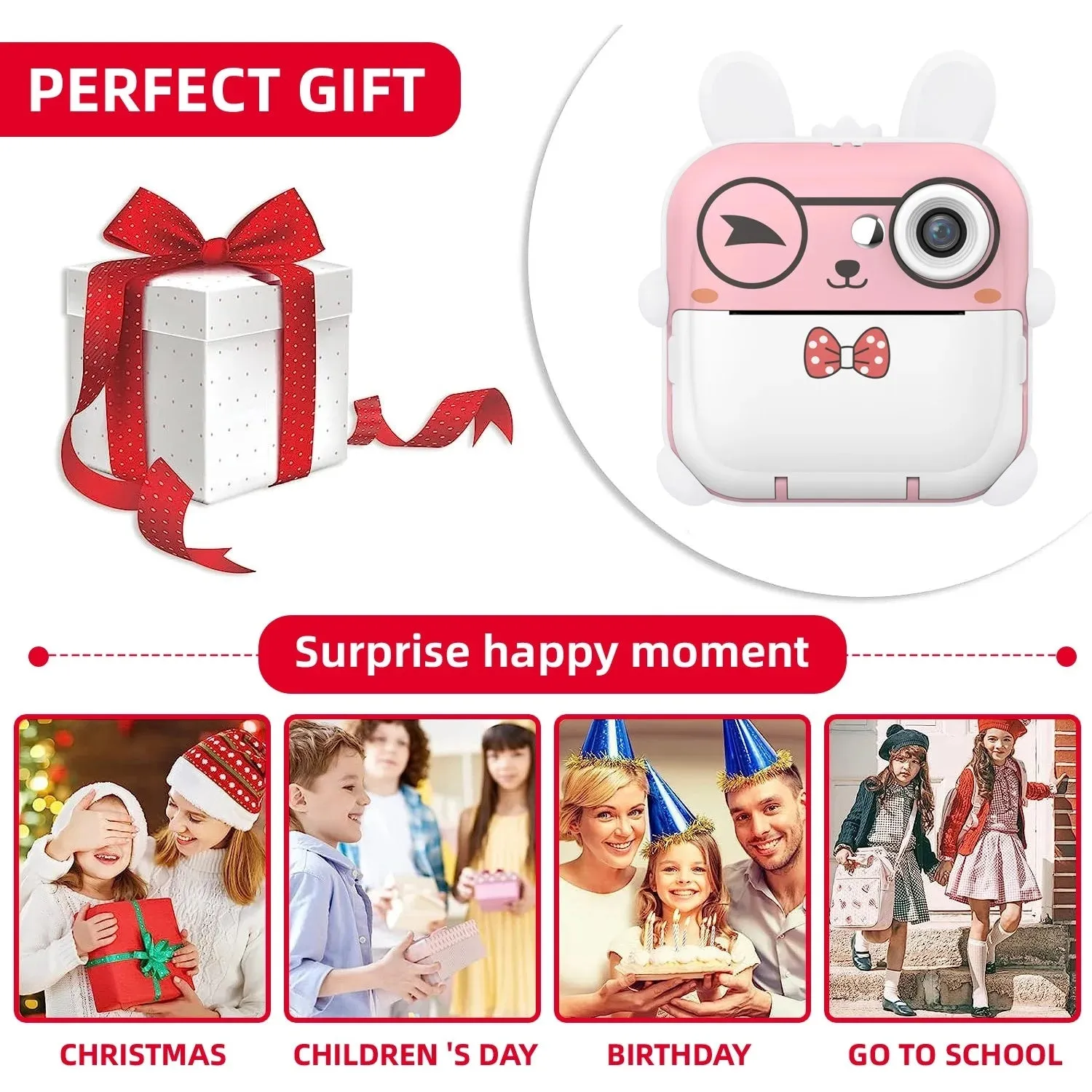 Q5 Polaroid children's digital cartoon camera in pink rabbit design with lanyard and stickers