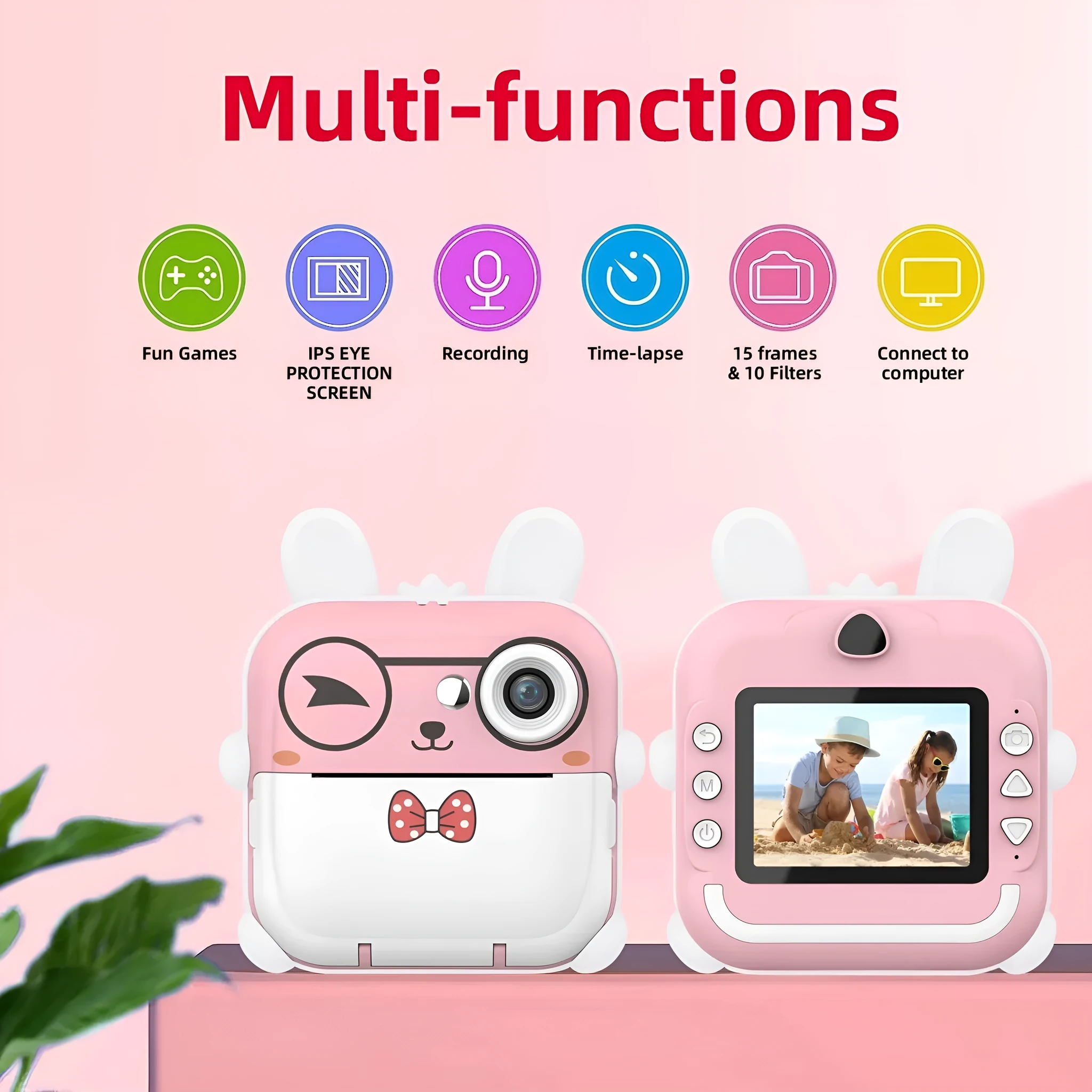 Q5 Polaroid children's digital cartoon camera in pink rabbit design with lanyard and stickers