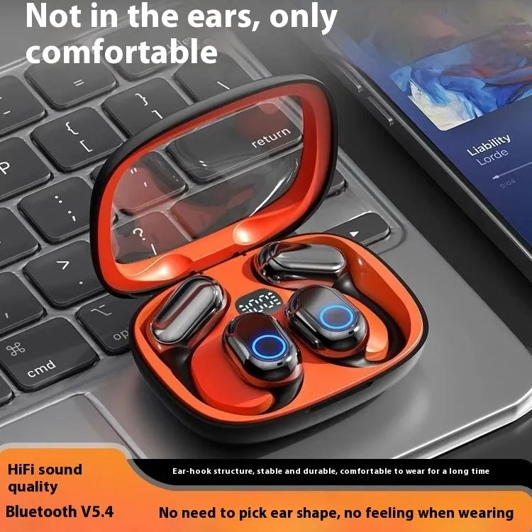 Gaming OWS open wireless Bluetooth headset in orange black with ear hook design and digital display