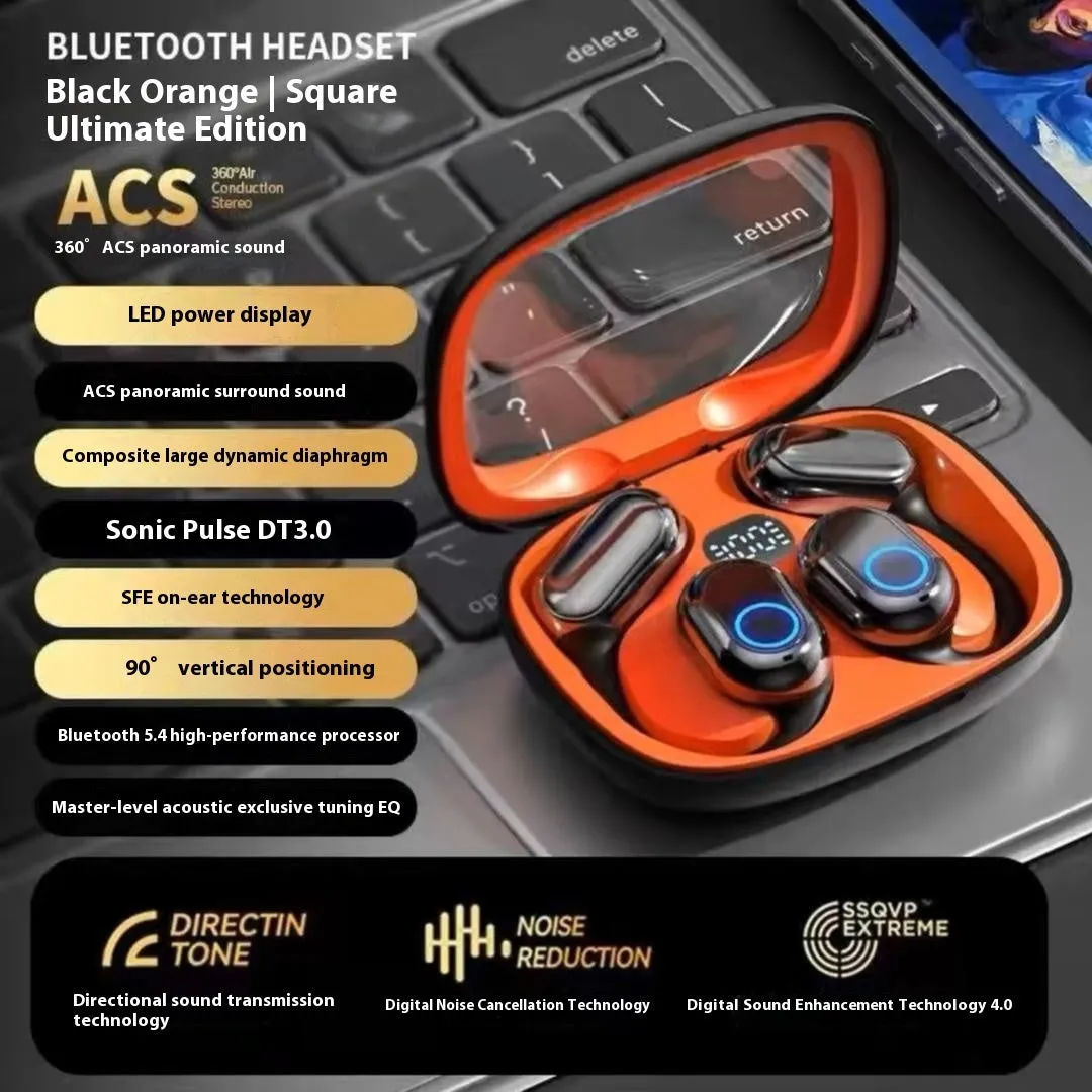 Gaming OWS open wireless Bluetooth headset in orange black with ear hook design and digital display