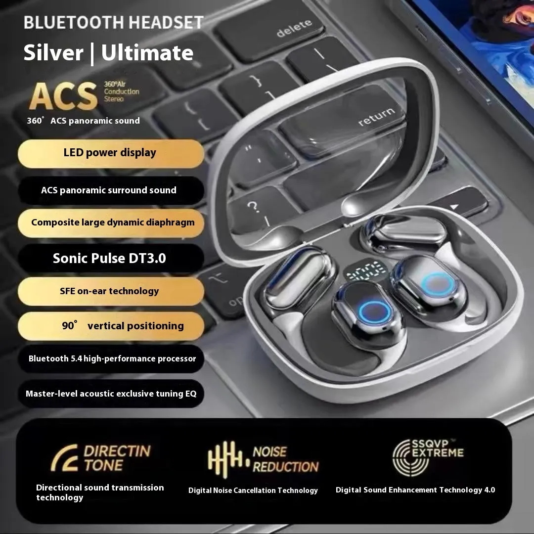 Gaming OWS open wireless Bluetooth headset in orange black with ear hook design and digital display