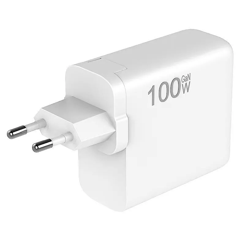 White gallium nitride fast charger 100W with Type-C and USB ports, compact size, interchangeable plugs