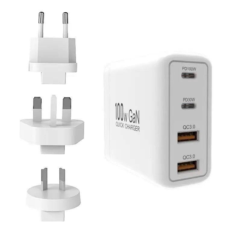 White gallium nitride fast charger 100W with Type-C and USB ports, compact size, interchangeable plugs