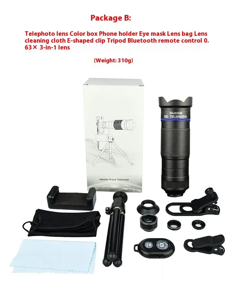 36x telephoto lens set for mobile phone external camera with monocular structure