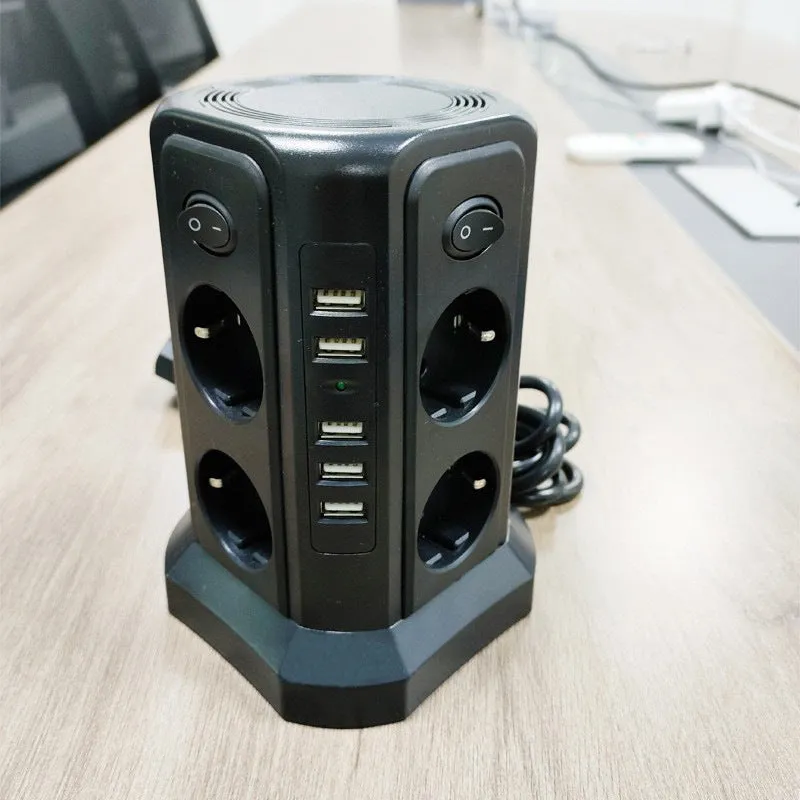 Desktop socket European standard 4 USB socket board in black vertical power strip with 3 sockets and 4 USB ports