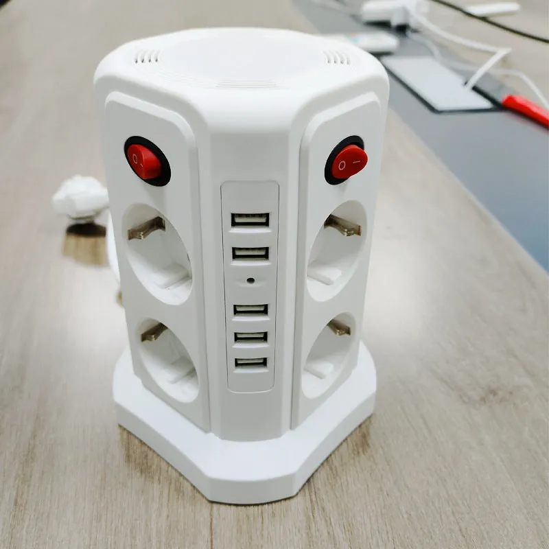 Desktop socket European standard 4 USB socket board in black vertical power strip with 3 sockets and 4 USB ports