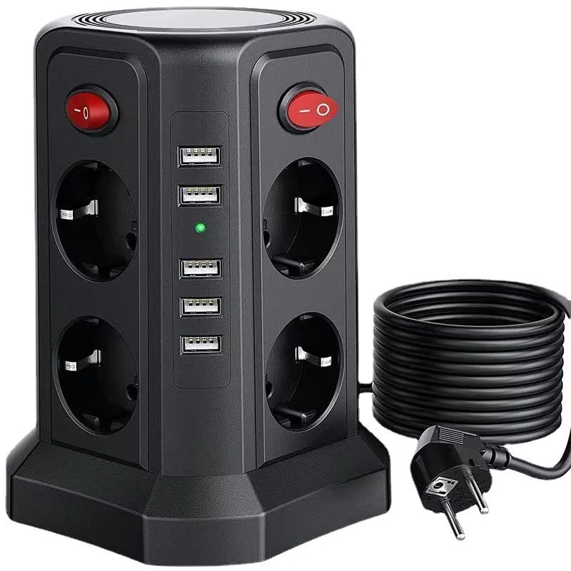 Desktop socket European standard 4 USB socket board in black vertical power strip with 3 sockets and 4 USB ports
