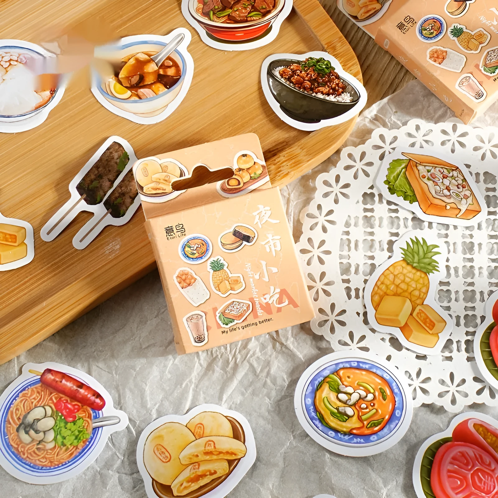 Box-packed set of 46 retro night market snacks adhesive stickers with printed designs
