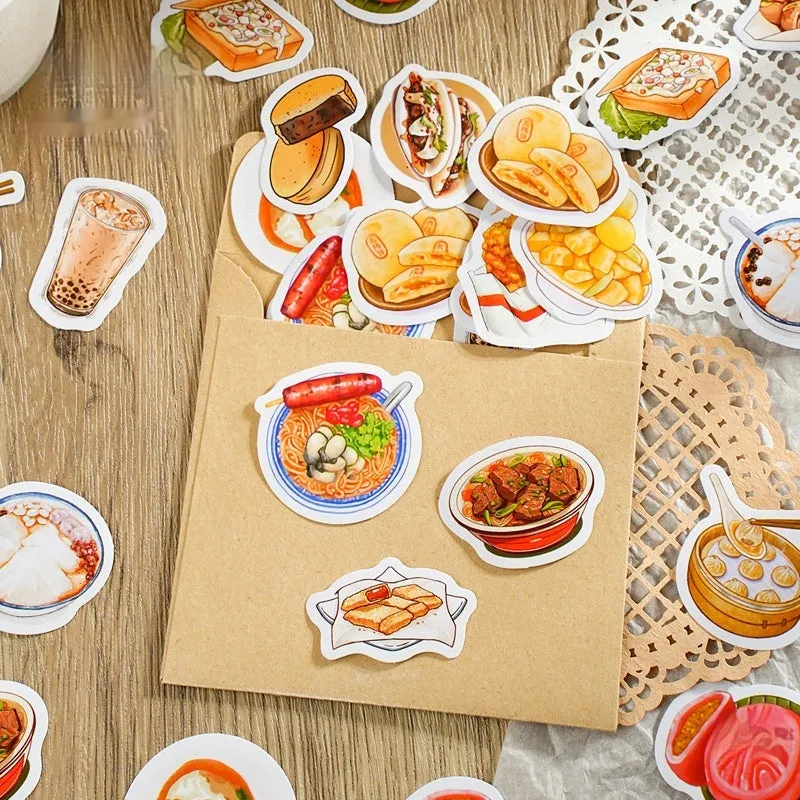Box-packed set of 46 retro night market snacks adhesive stickers with printed designs