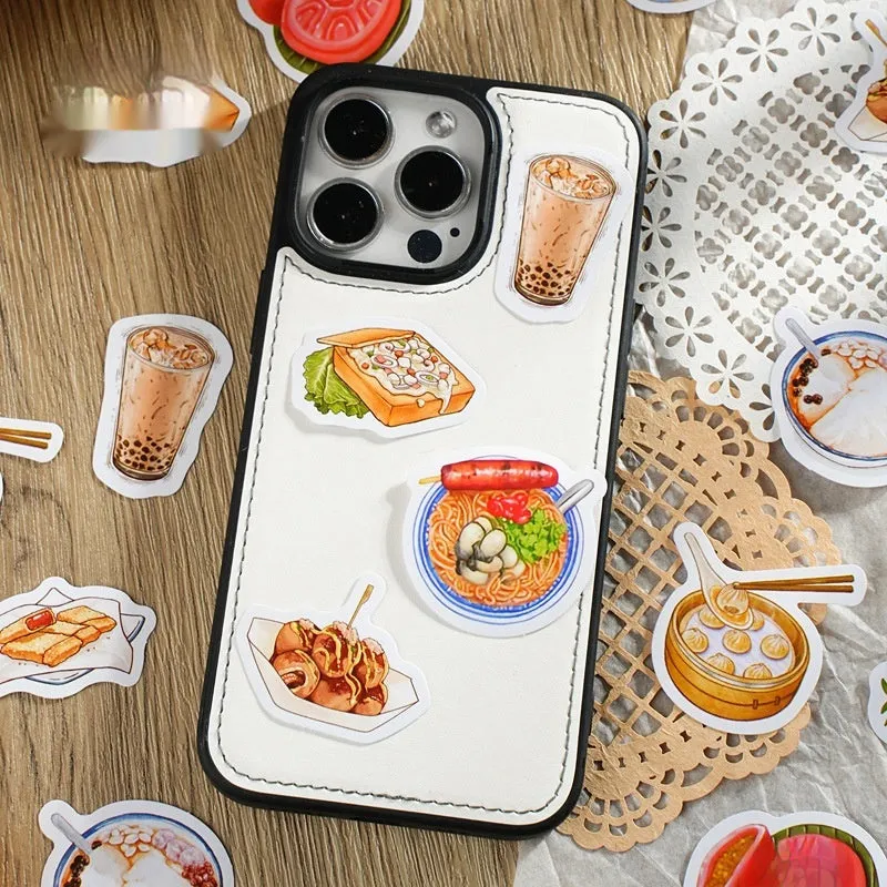Box-packed set of 46 retro night market snacks adhesive stickers with printed designs