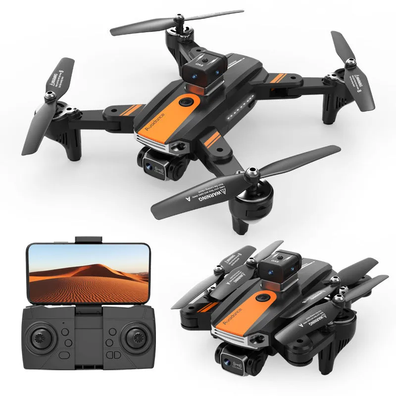 Orange quadcopter drone with dual cameras and obstacle avoidance sensors measuring under 30cm