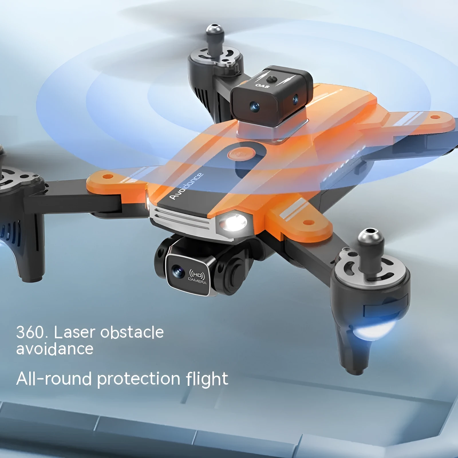 Orange quadcopter drone with dual cameras and obstacle avoidance sensors measuring under 30cm