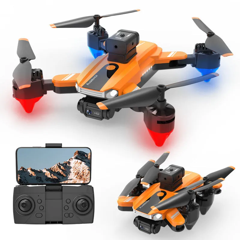 Orange quadcopter drone with dual cameras and obstacle avoidance sensors measuring under 30cm
