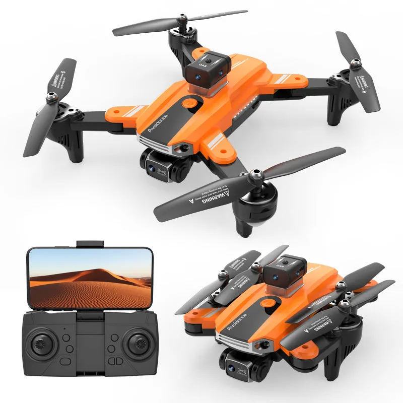 Orange quadcopter drone with dual cameras and obstacle avoidance sensors measuring under 30cm