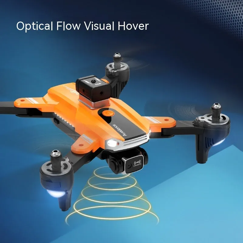 Orange quadcopter drone with dual cameras and obstacle avoidance sensors measuring under 30cm