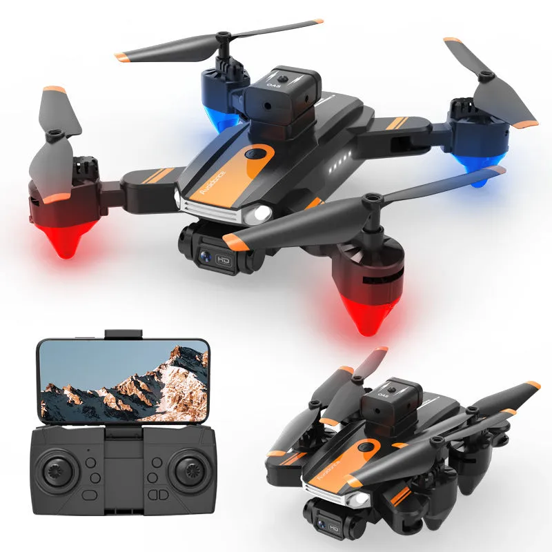 Orange quadcopter drone with dual cameras and obstacle avoidance sensors measuring under 30cm