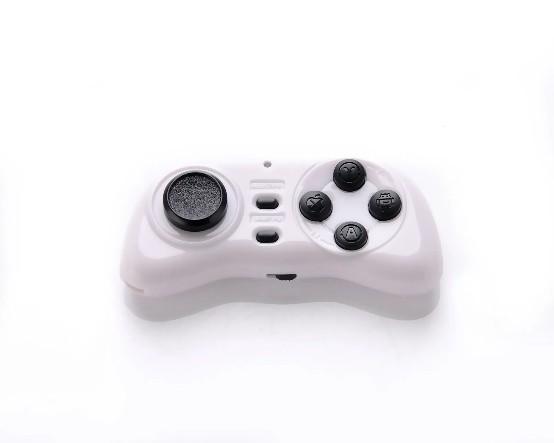 Black mobile game controller Smart Handle 608 on white background, Bluetooth mini gamepad with plastic body