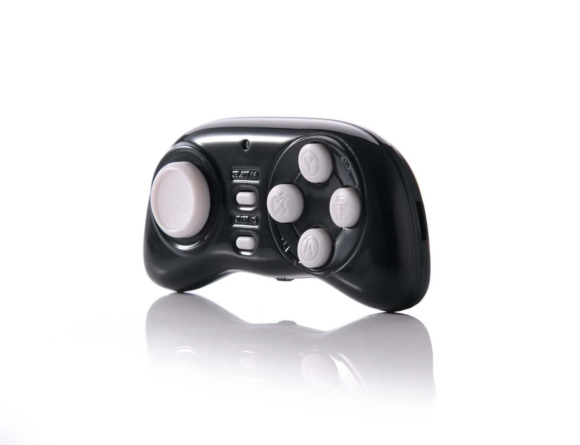 Black mobile game controller Smart Handle 608 on white background, Bluetooth mini gamepad with plastic body