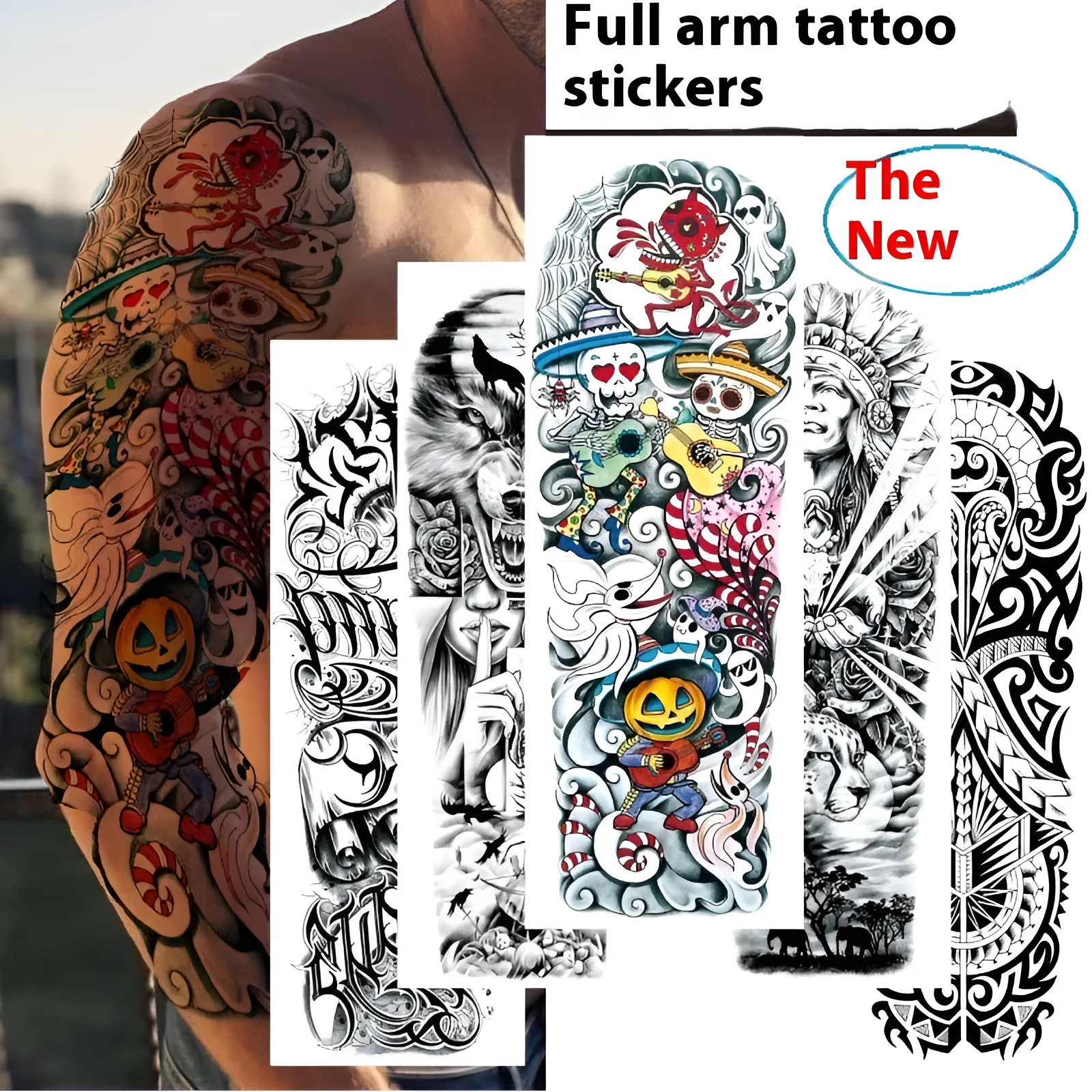 Waterproof full arm tattoo sticker with animal design on craft paper, 170x480mm