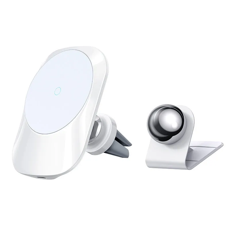 Magnetic car wireless charger with air vent clip and dashboard adhesive mounting bases
