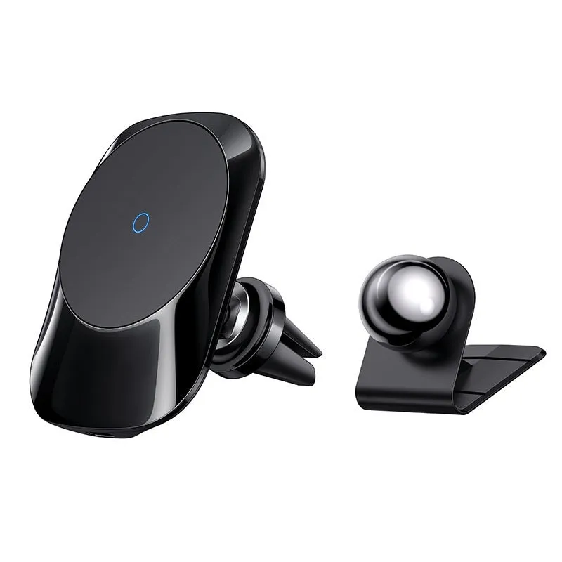 Magnetic car wireless charger with air vent clip and dashboard adhesive mounting bases