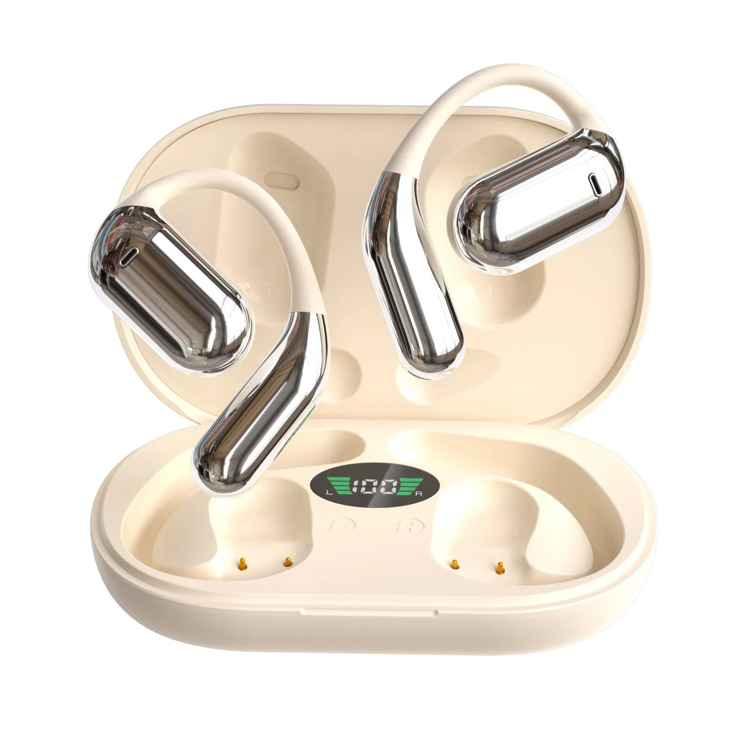 Sports ear hook open Bluetooth headset in black with digital display, Jerry chip, and waterproof build