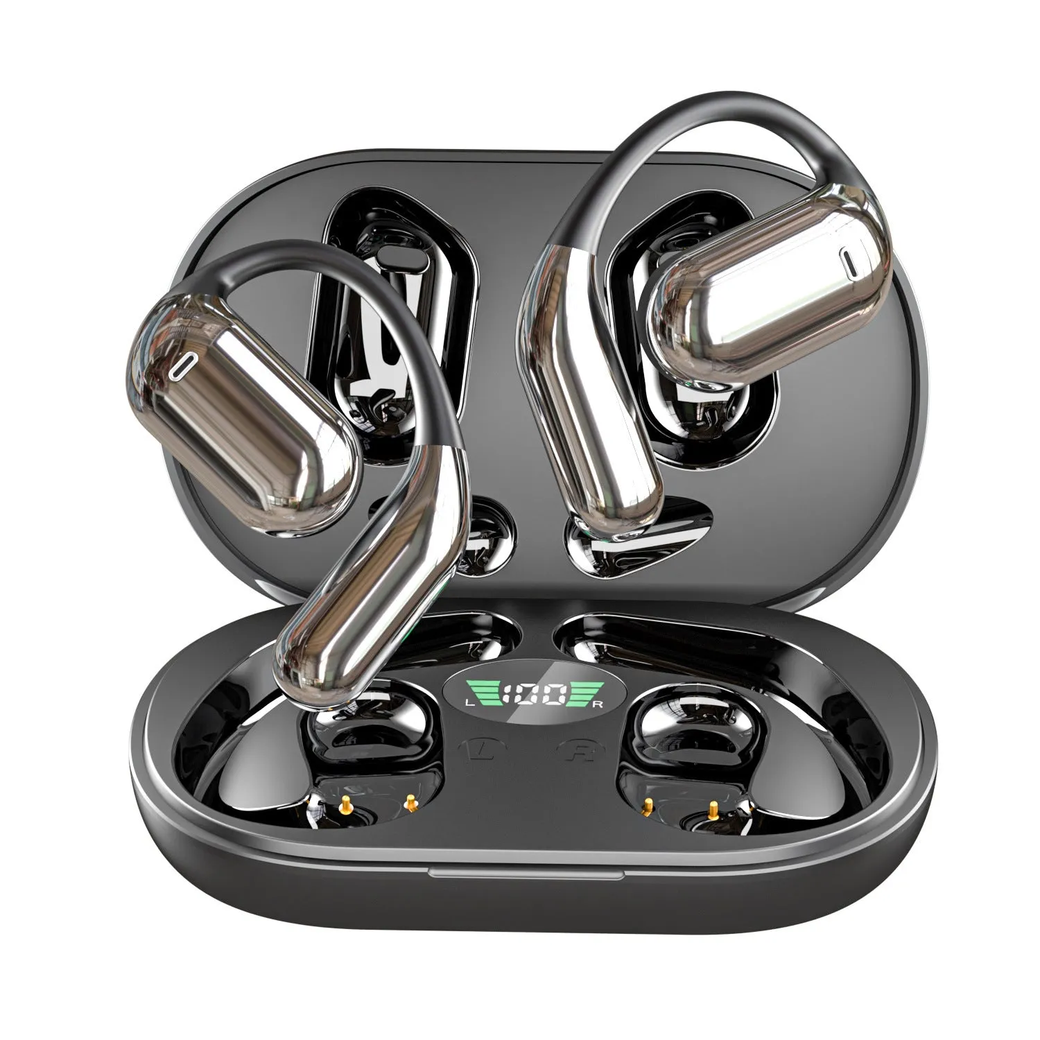 Sports ear hook open Bluetooth headset in black with digital display, Jerry chip, and waterproof build