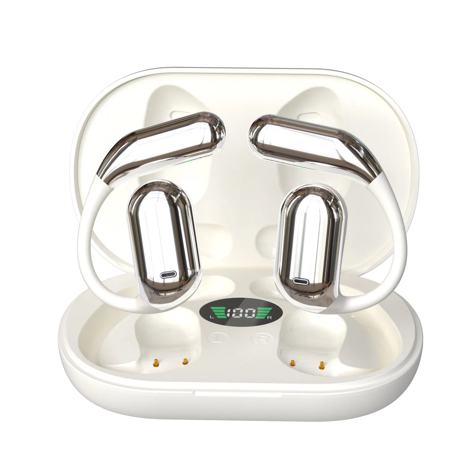 Sports ear hook open Bluetooth headset in black with digital display, Jerry chip, and waterproof build
