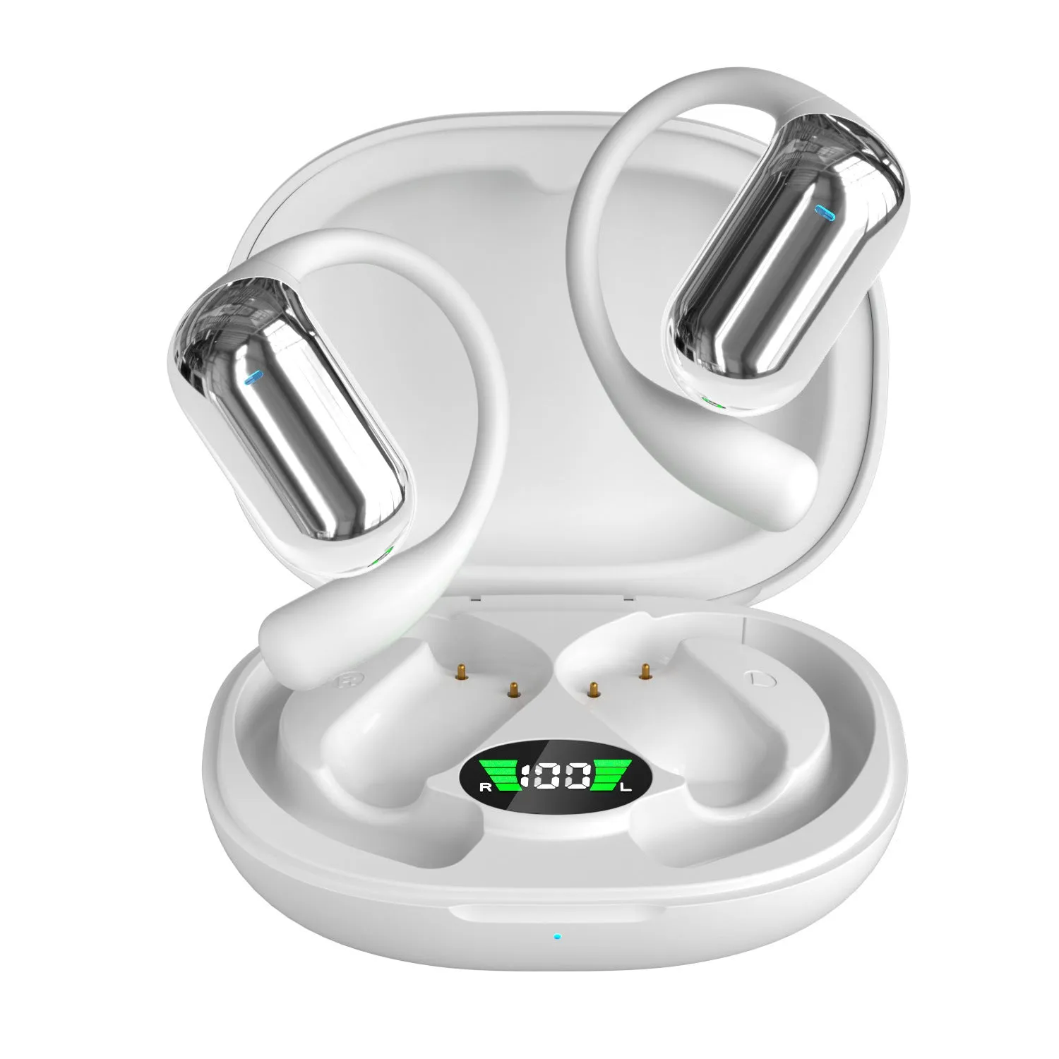 Sports ear hook open Bluetooth headset in black with digital display, Jerry chip, and waterproof build