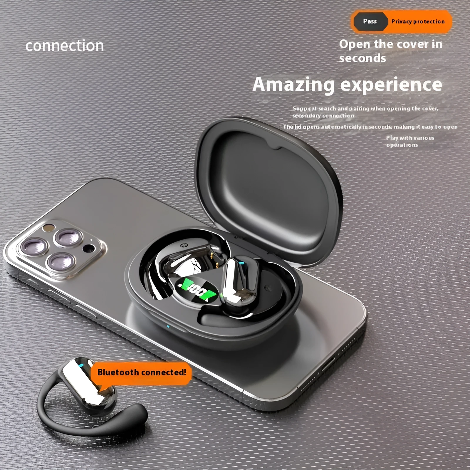 Sports ear hook open Bluetooth headset in black with digital display, Jerry chip, and waterproof build