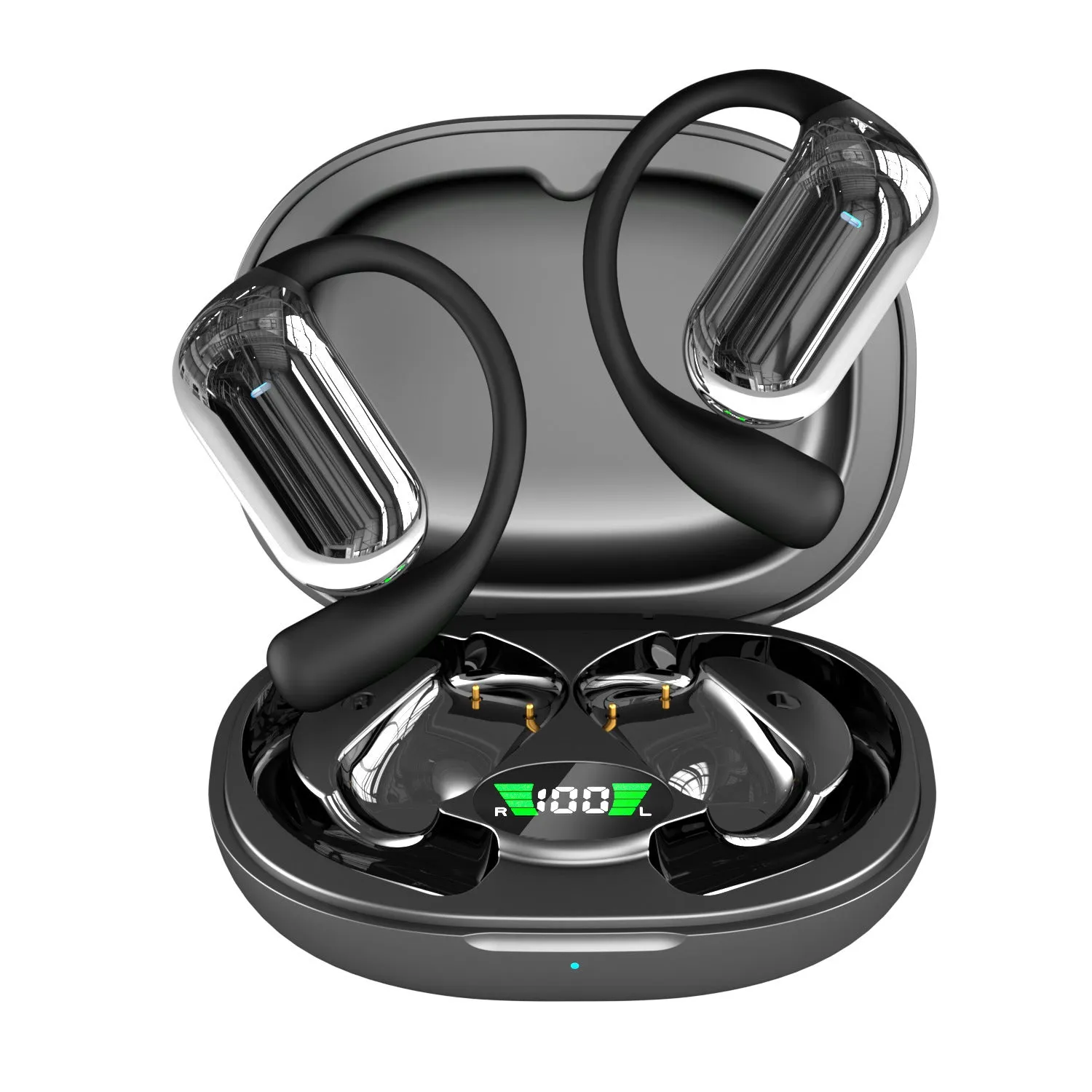 Sports ear hook open Bluetooth headset in black with digital display, Jerry chip, and waterproof build