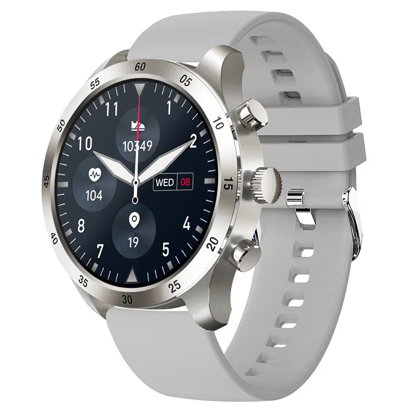 Black smart watch with a steel strap on a wrist, displaying a call screen interface.