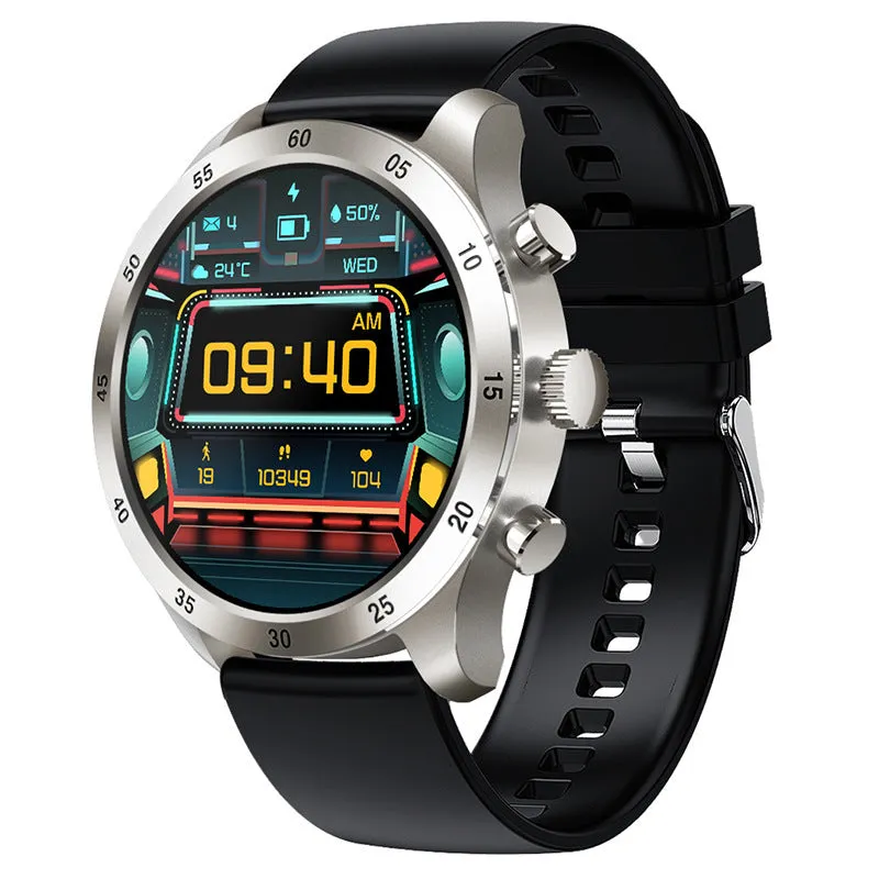 Black smart watch with a steel strap on a wrist, displaying a call screen interface.