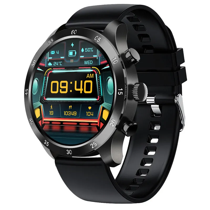 Black smart watch with a steel strap on a wrist, displaying a call screen interface.