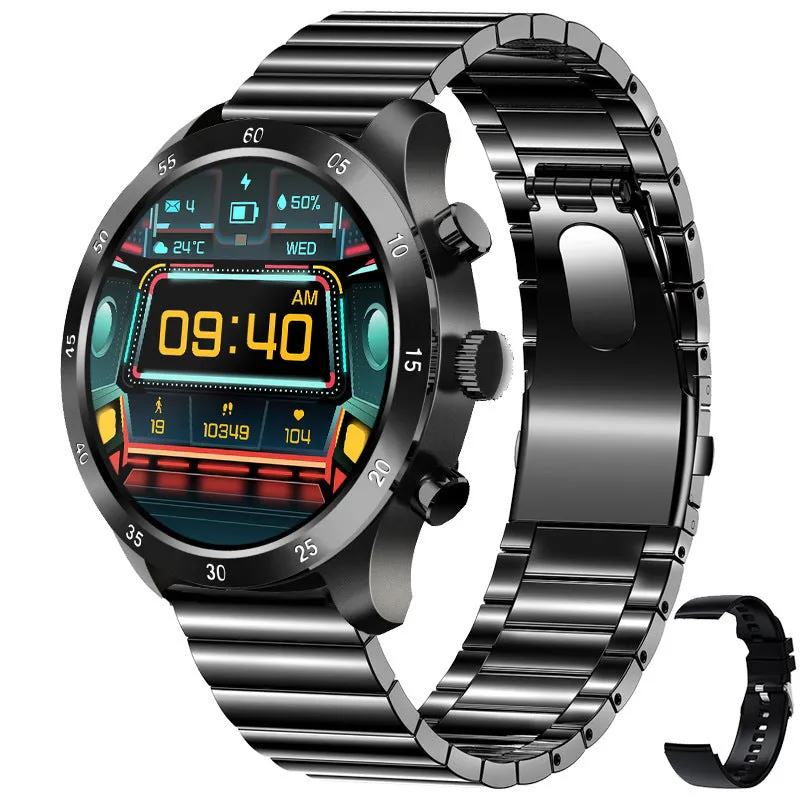 Black smart watch with a steel strap on a wrist, displaying a call screen interface.