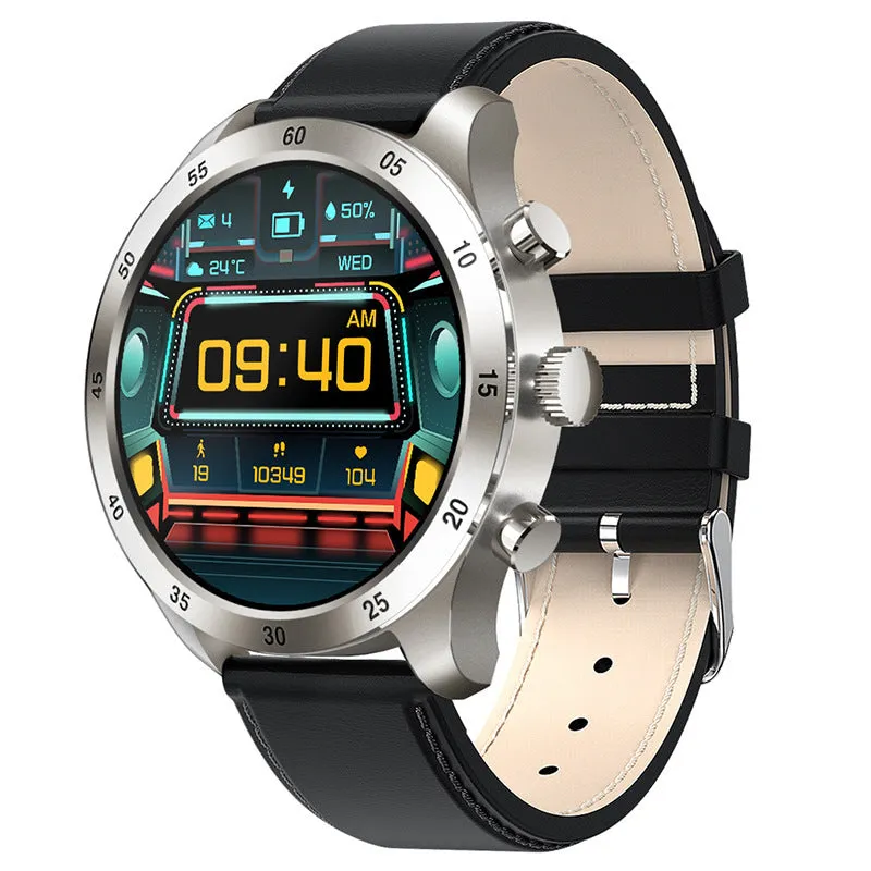 Black smart watch with a steel strap on a wrist, displaying a call screen interface.
