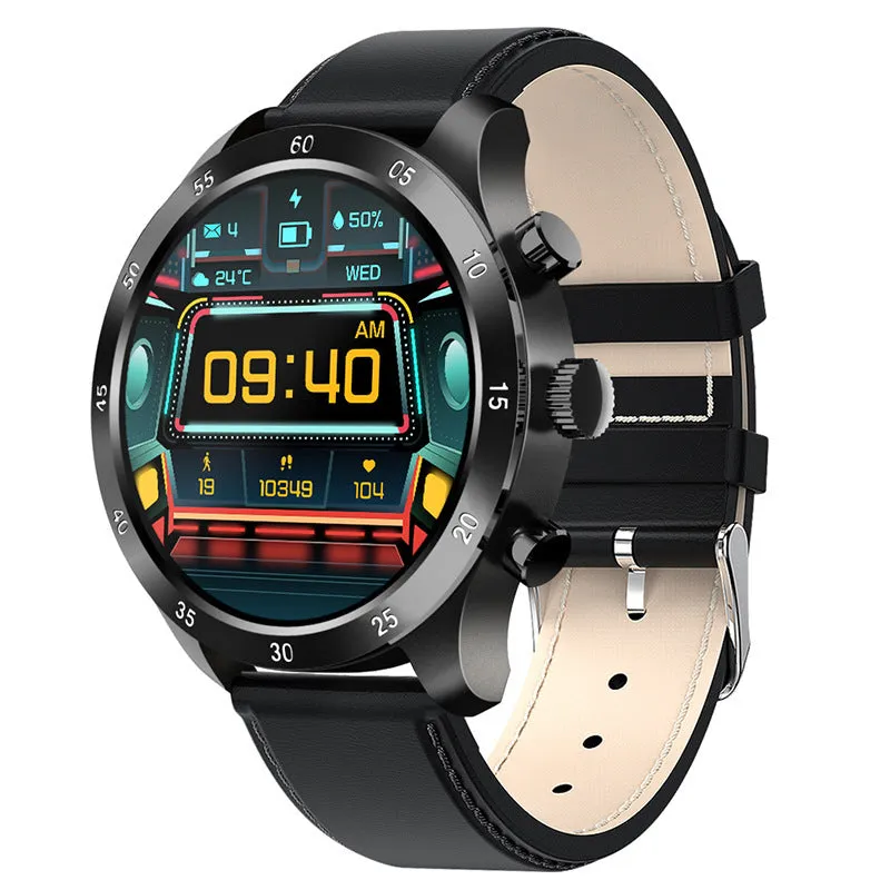 Black smart watch with a steel strap on a wrist, displaying a call screen interface.