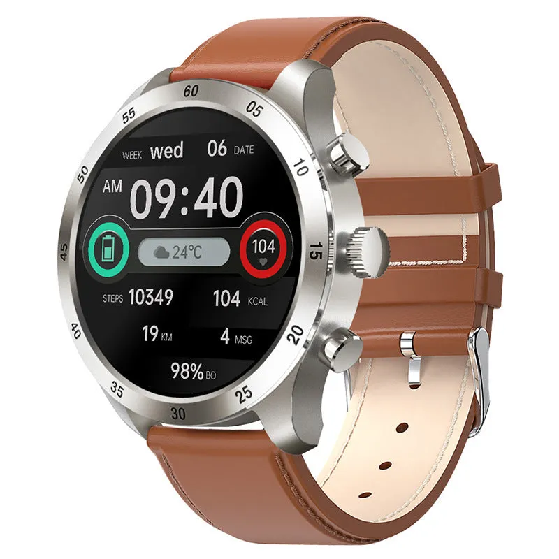 Black smart watch with a steel strap on a wrist, displaying a call screen interface.