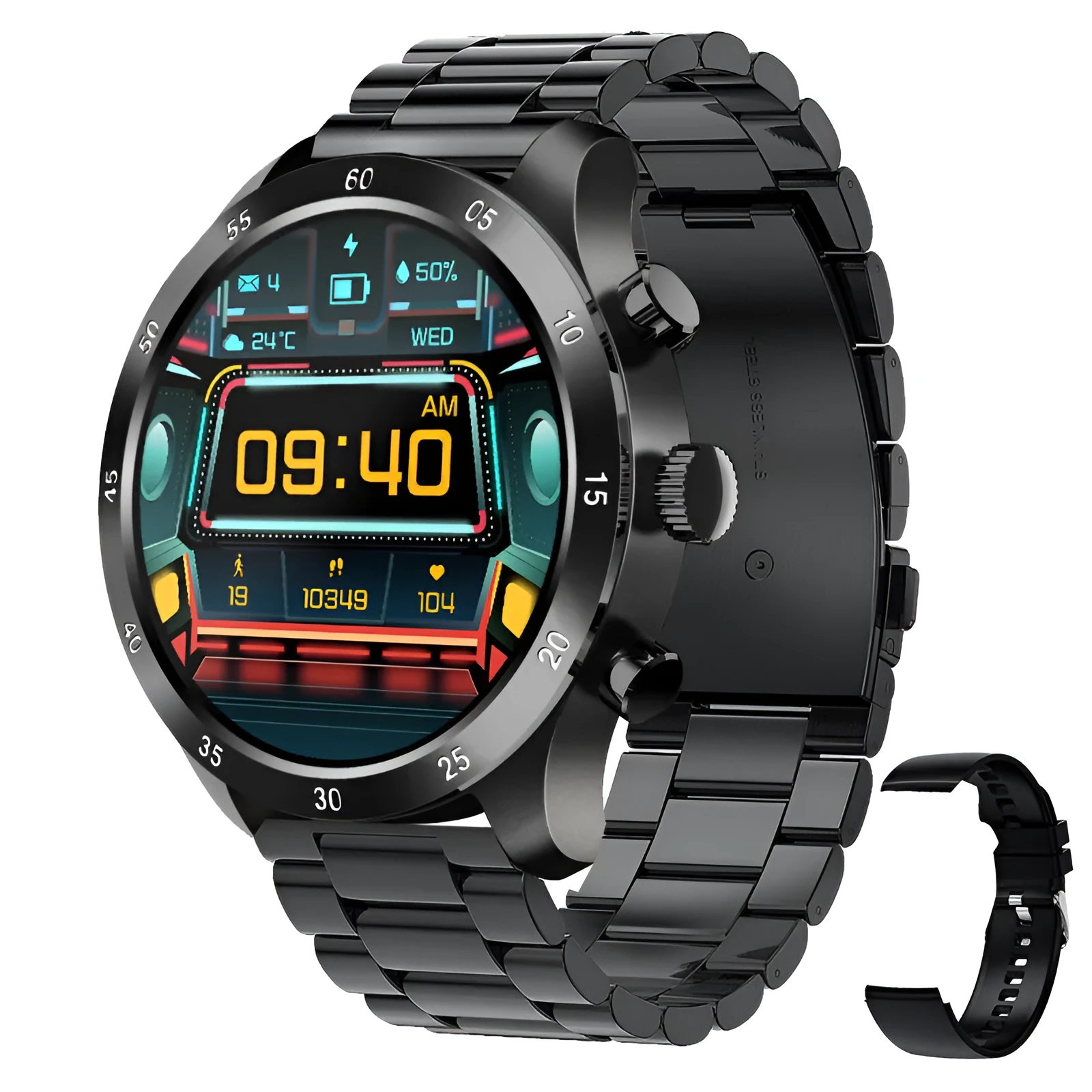 Black smart watch with a steel strap on a wrist, displaying a call screen interface.
