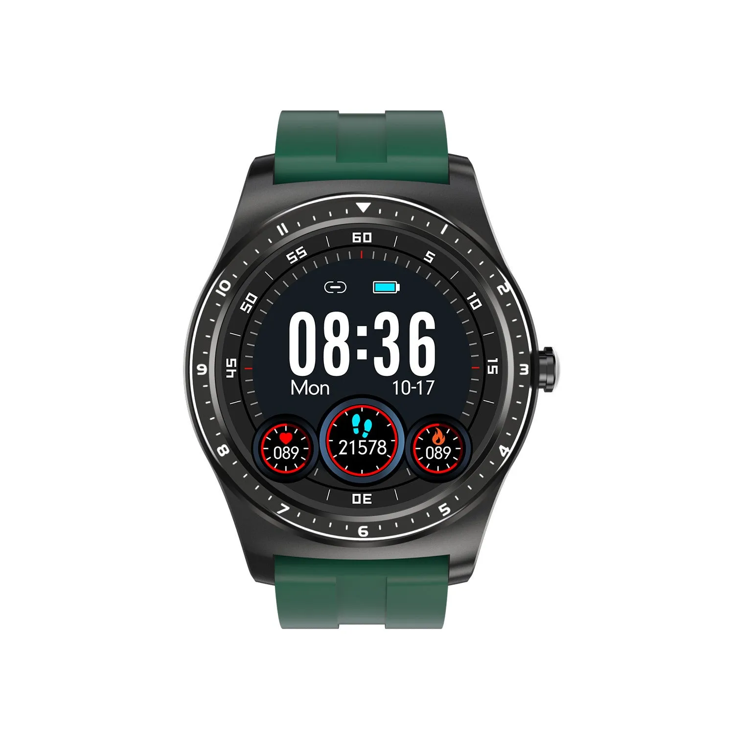 Black smart watch with zinc alloy case and silicone band displaying heart rate and sleep tracking on touchscreen