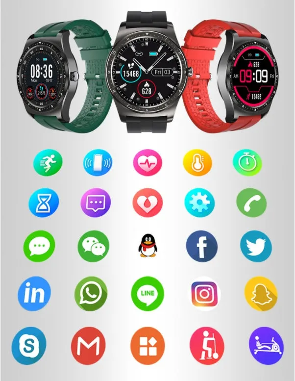 Black smart watch with zinc alloy case and silicone band displaying heart rate and sleep tracking on touchscreen