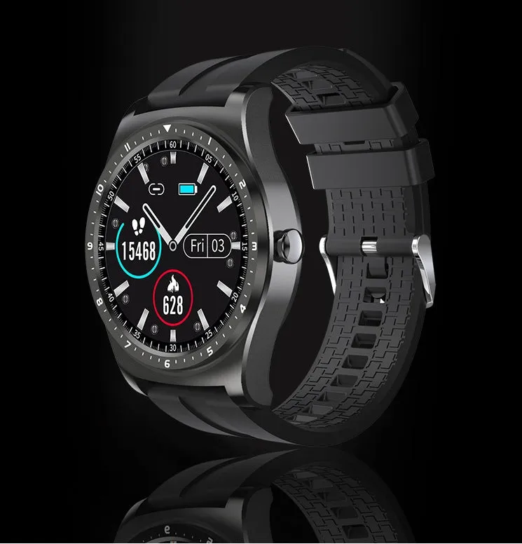 Black smart watch with zinc alloy case and silicone band displaying heart rate and sleep tracking on touchscreen