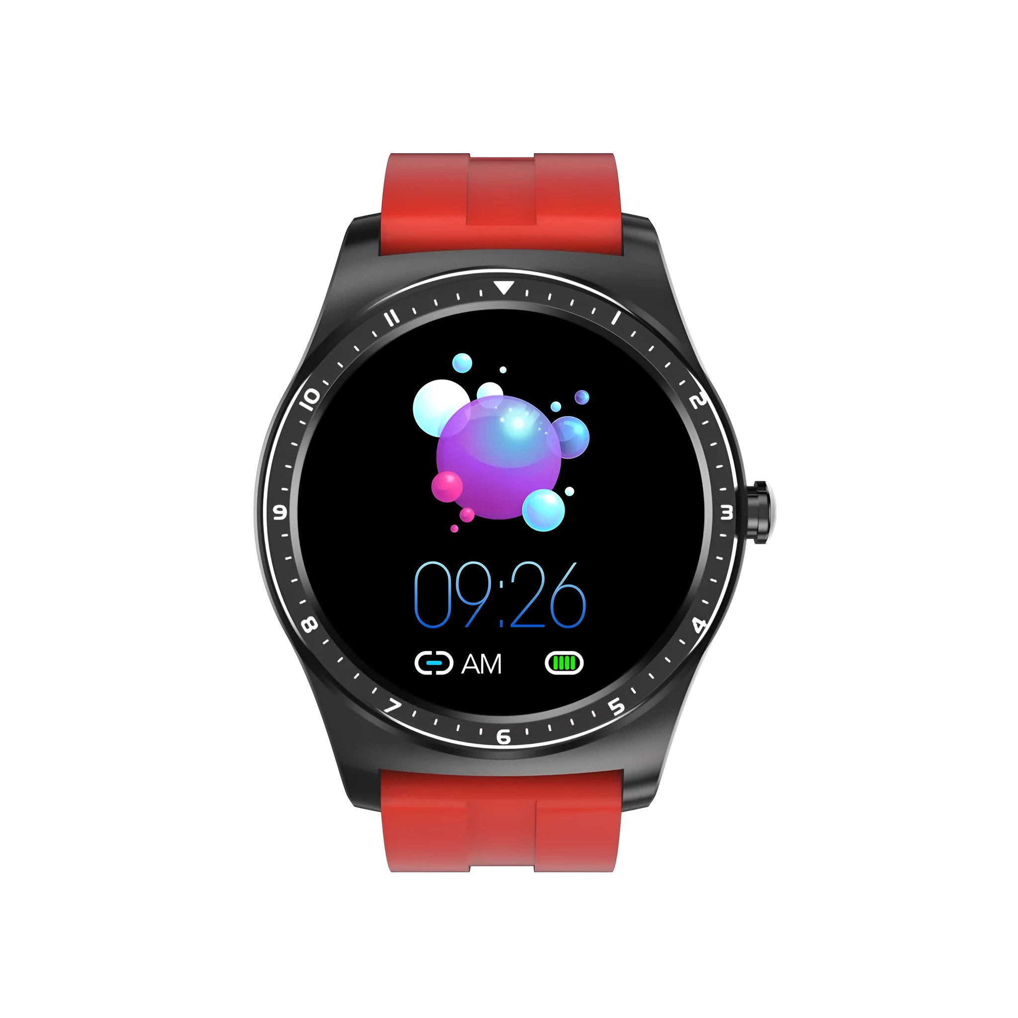 Black smart watch with zinc alloy case and silicone band displaying heart rate and sleep tracking on touchscreen