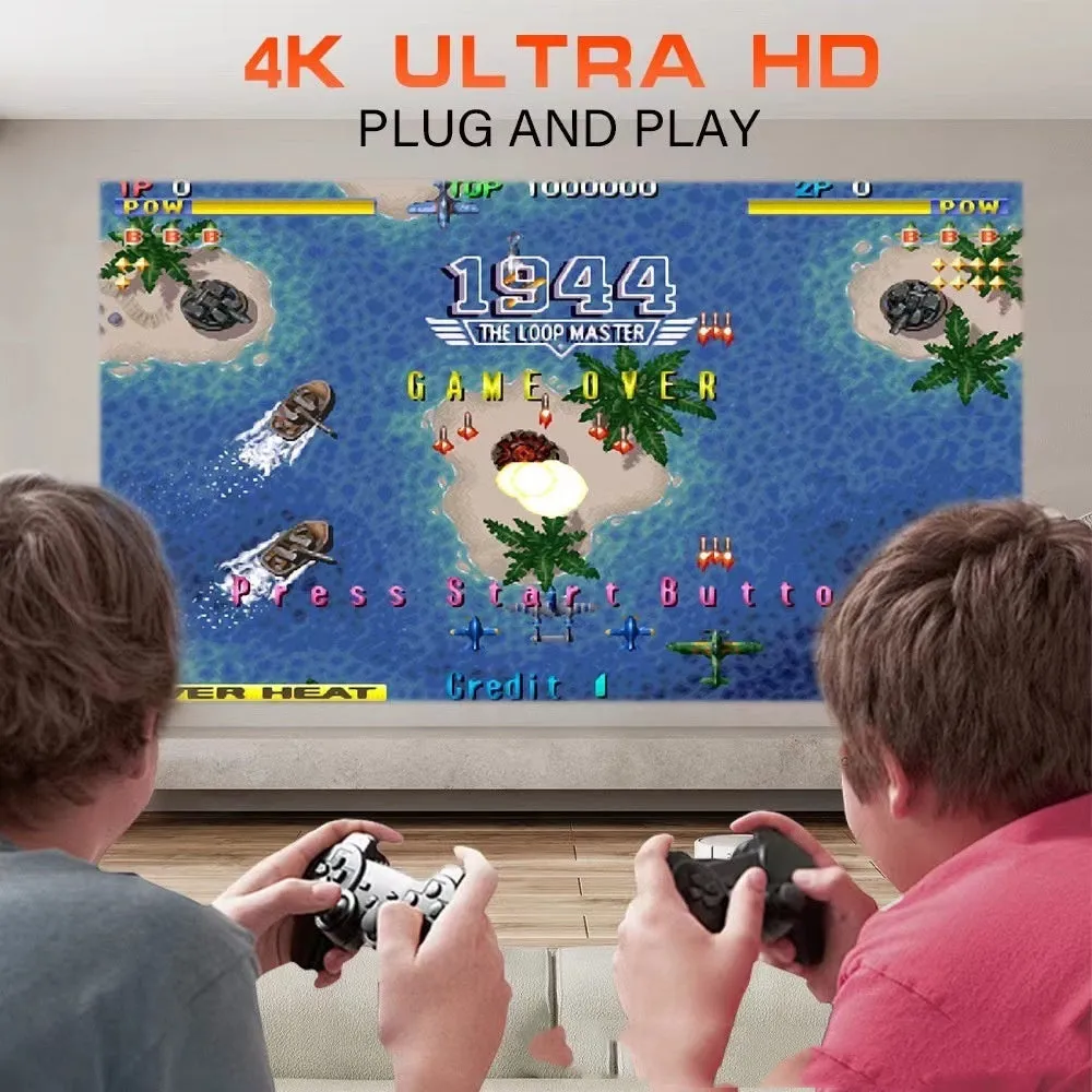 A wireless home gaming projector with a carry handle, showing a 720p HD display on a wall.