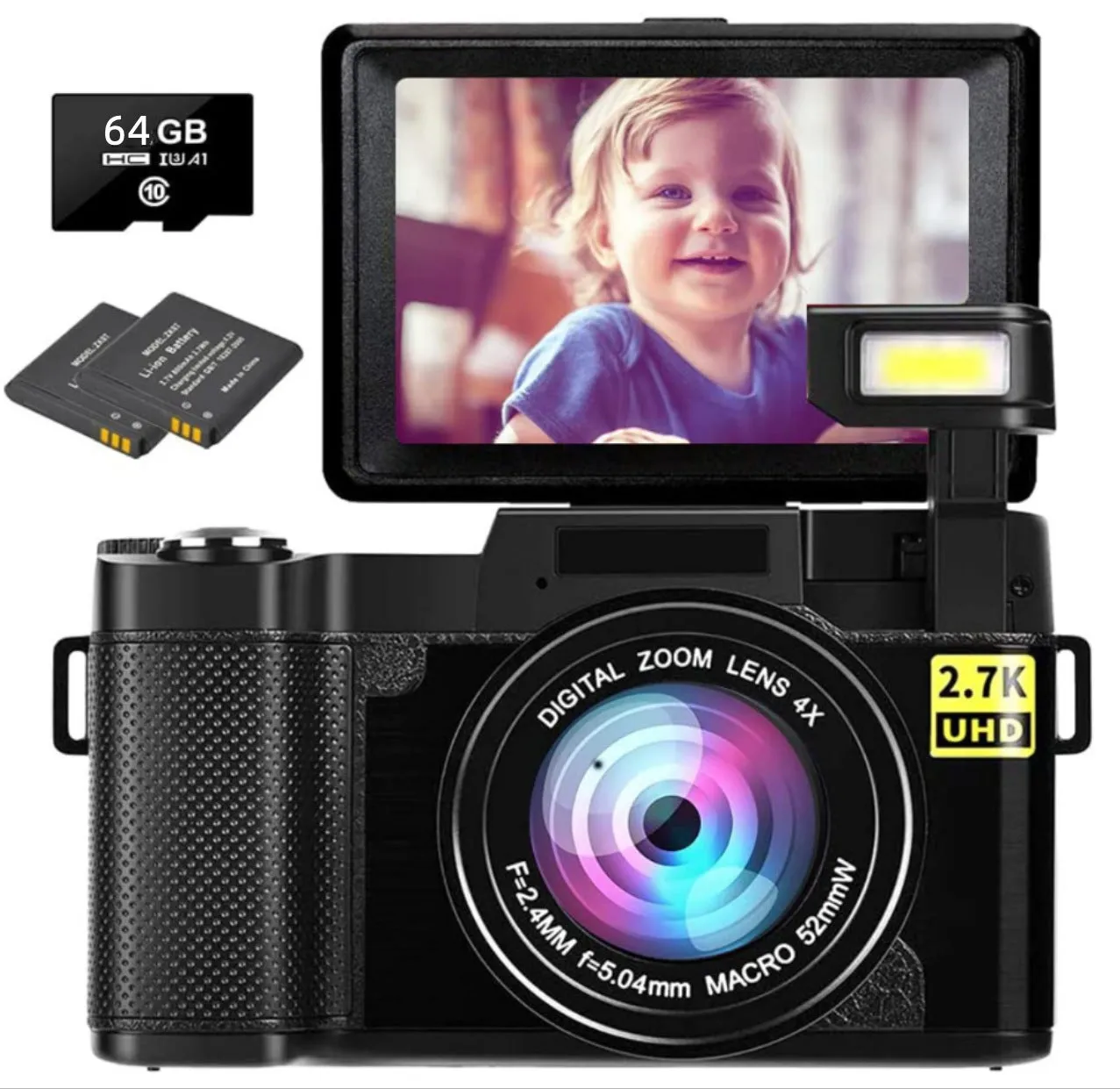 HD 27K flip screen digital camera 30MP 3-inch TFT LCD with lens and strap