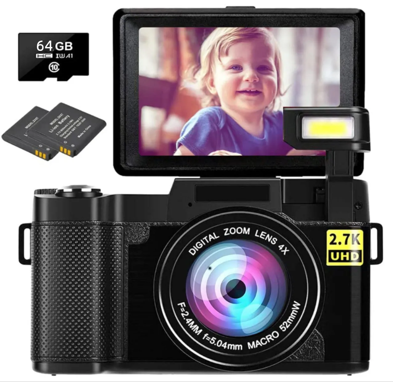 HD 27K flip screen digital camera 30MP 3-inch TFT LCD with lens and strap