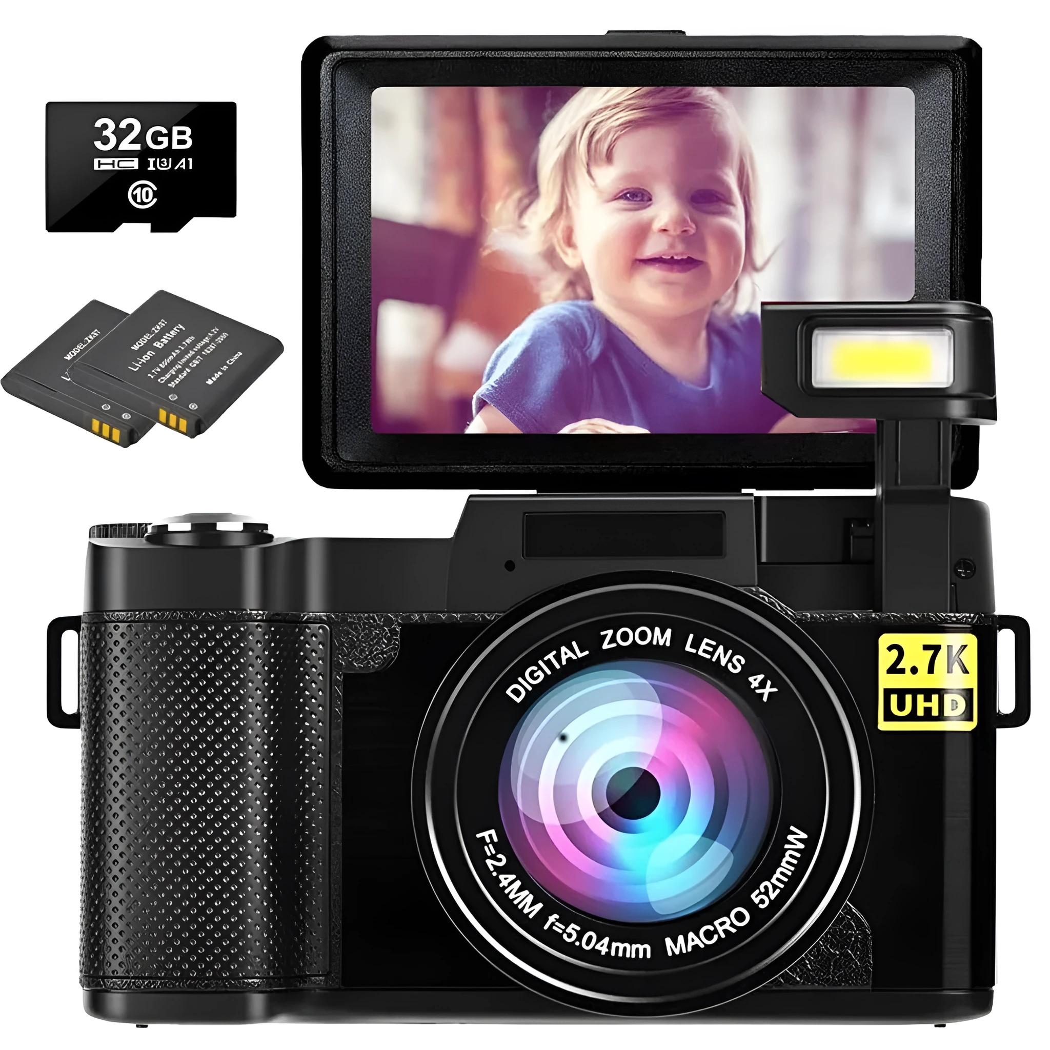 HD 27K flip screen digital camera 30MP 3-inch TFT LCD with lens and strap