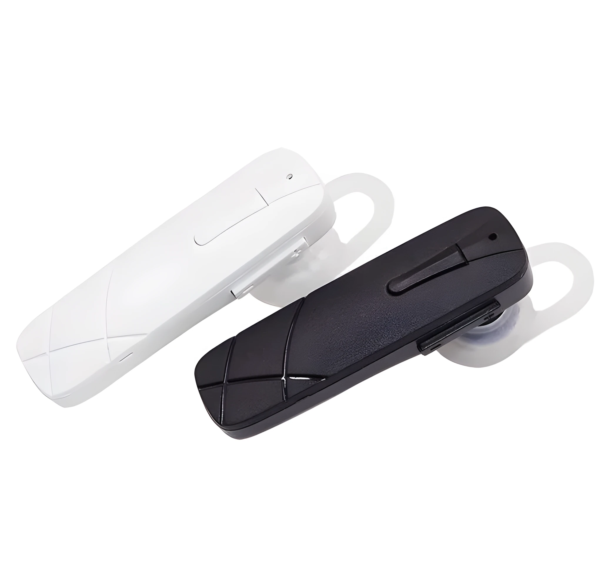 Black and white wireless Bluetooth stereo headset with earplug design showing multipoint connection capability