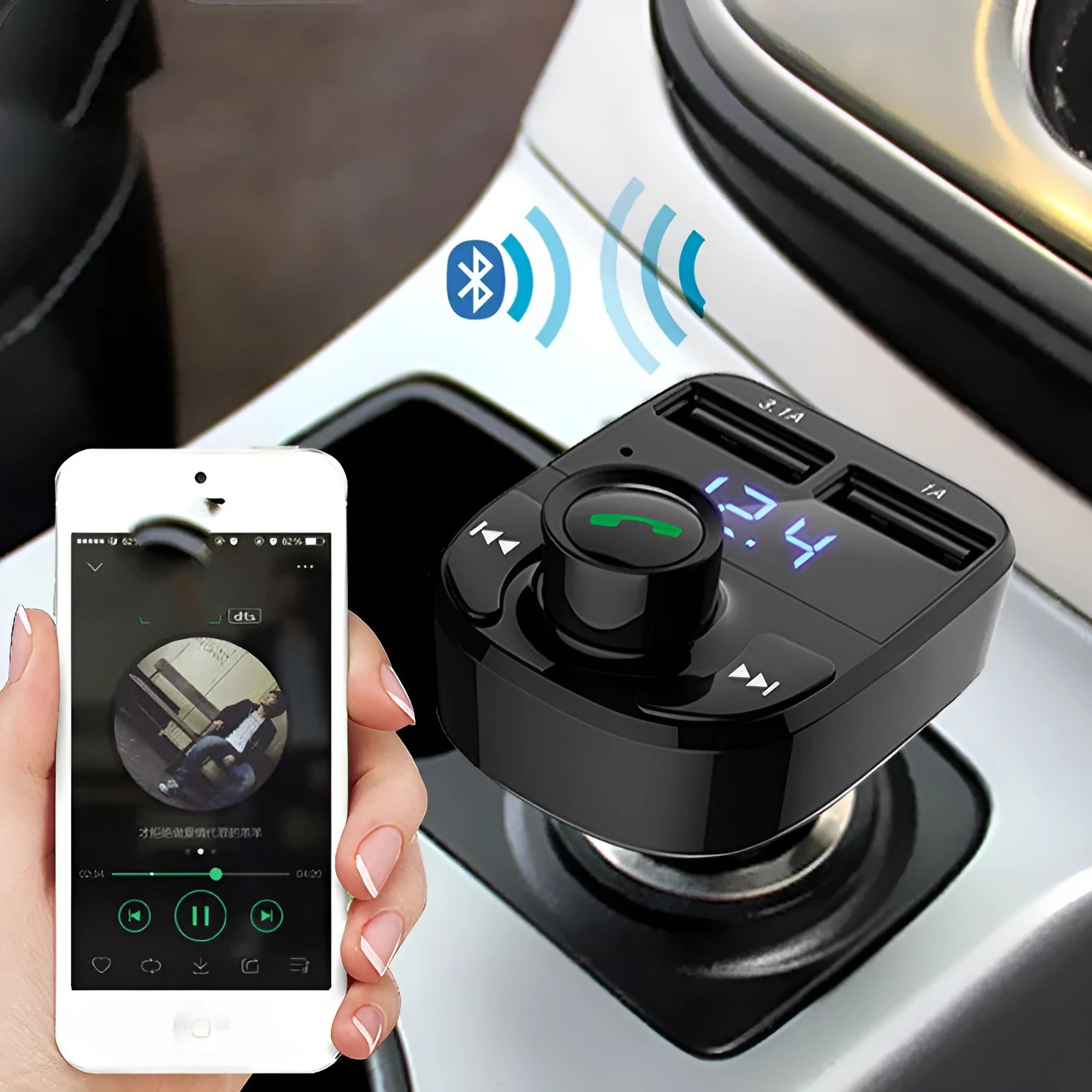 HY82 Car MP3 Bluetooth player unit for cigarette lighter socket with dual USB ports.
